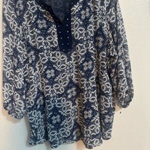 Cathy Daniels Navy and White Patterned V-Neck Tunic